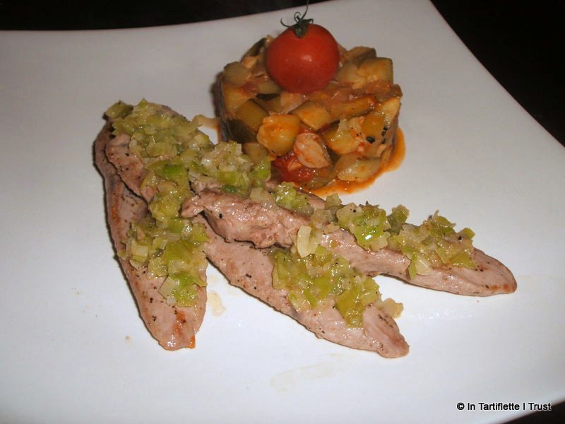 aiguillette canard l’aillet, fondue de légumes au vin blanc